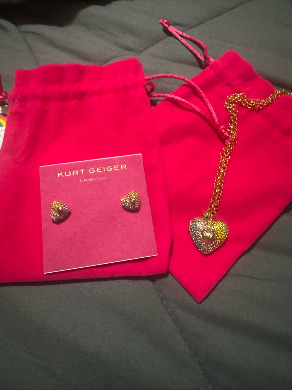 Kurt Geiger Rainbow Gold Heart Locket Necklace and Crystal Heart Earringd